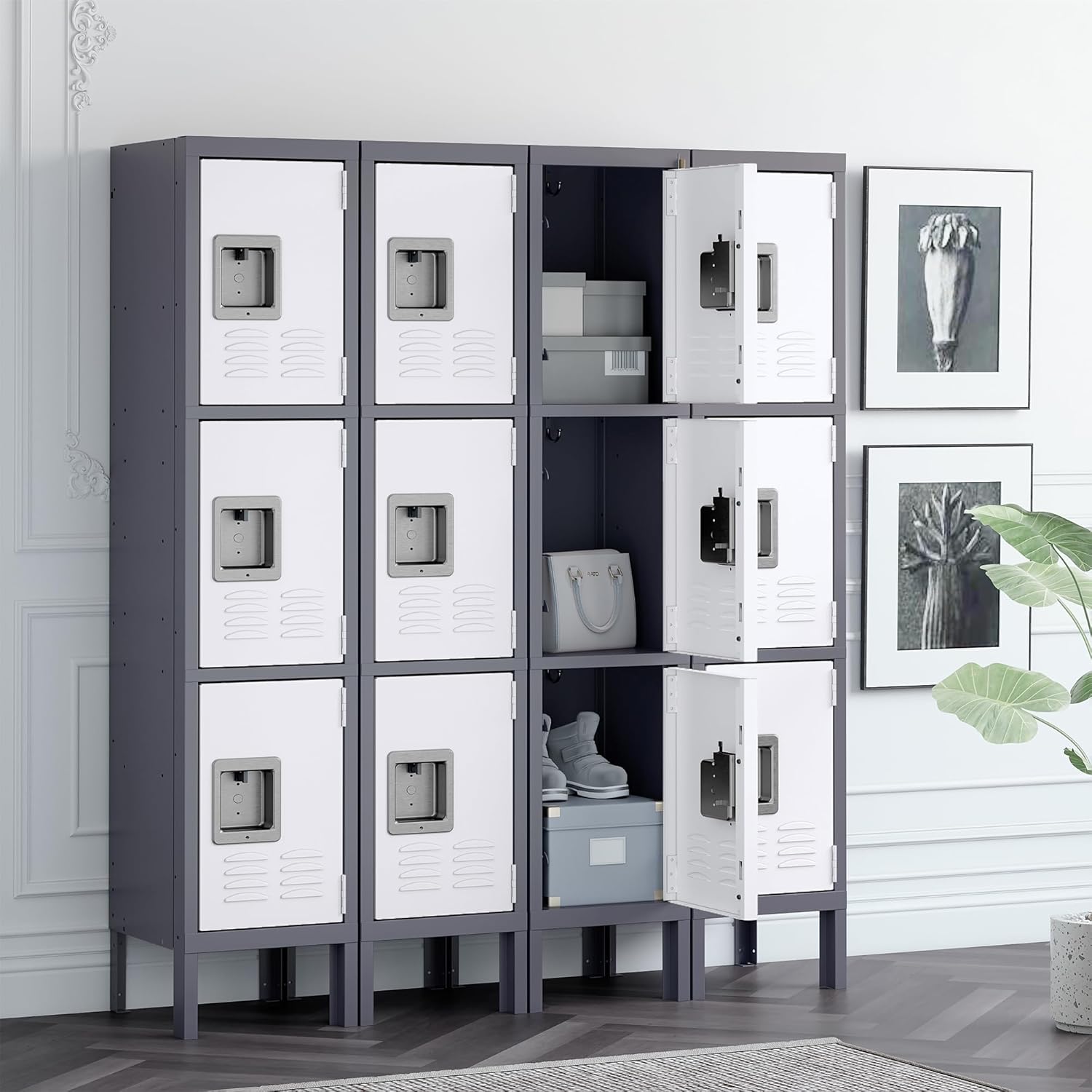 Metal Locker for School Home Office Gym, Steel Storage Lockers for Employees Students, 3 Tier Metal Storage Locker Cabinet with 3 Doors (Grey White)