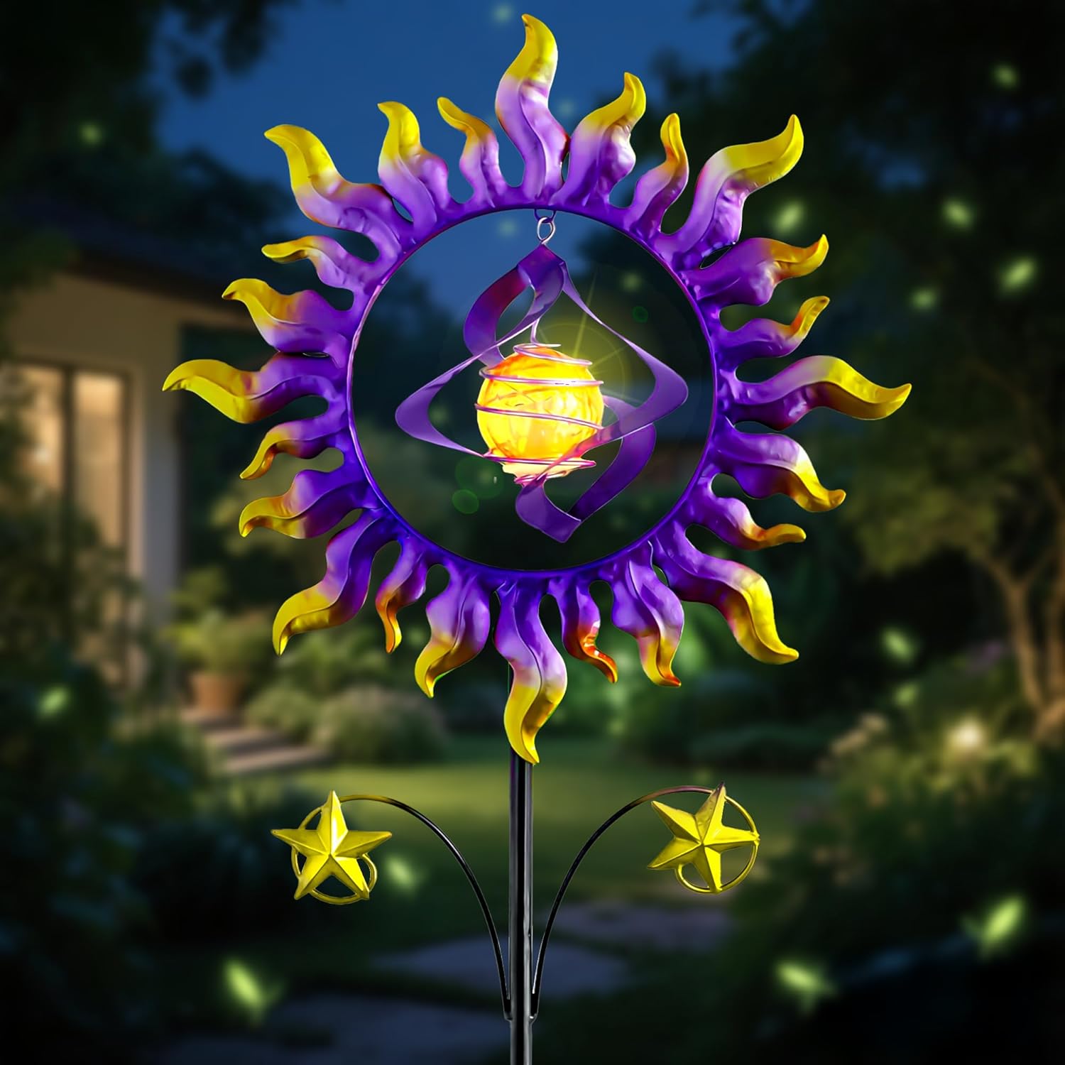 60 in Solar Wind Spinners for Yard and Garden, Sun and Stars Wind Sculptures Outdoor Clearance Kinetic Windmills with 360° Rotating Solar Lamp Ball for Patio, Lawn Xmas Garden Decor