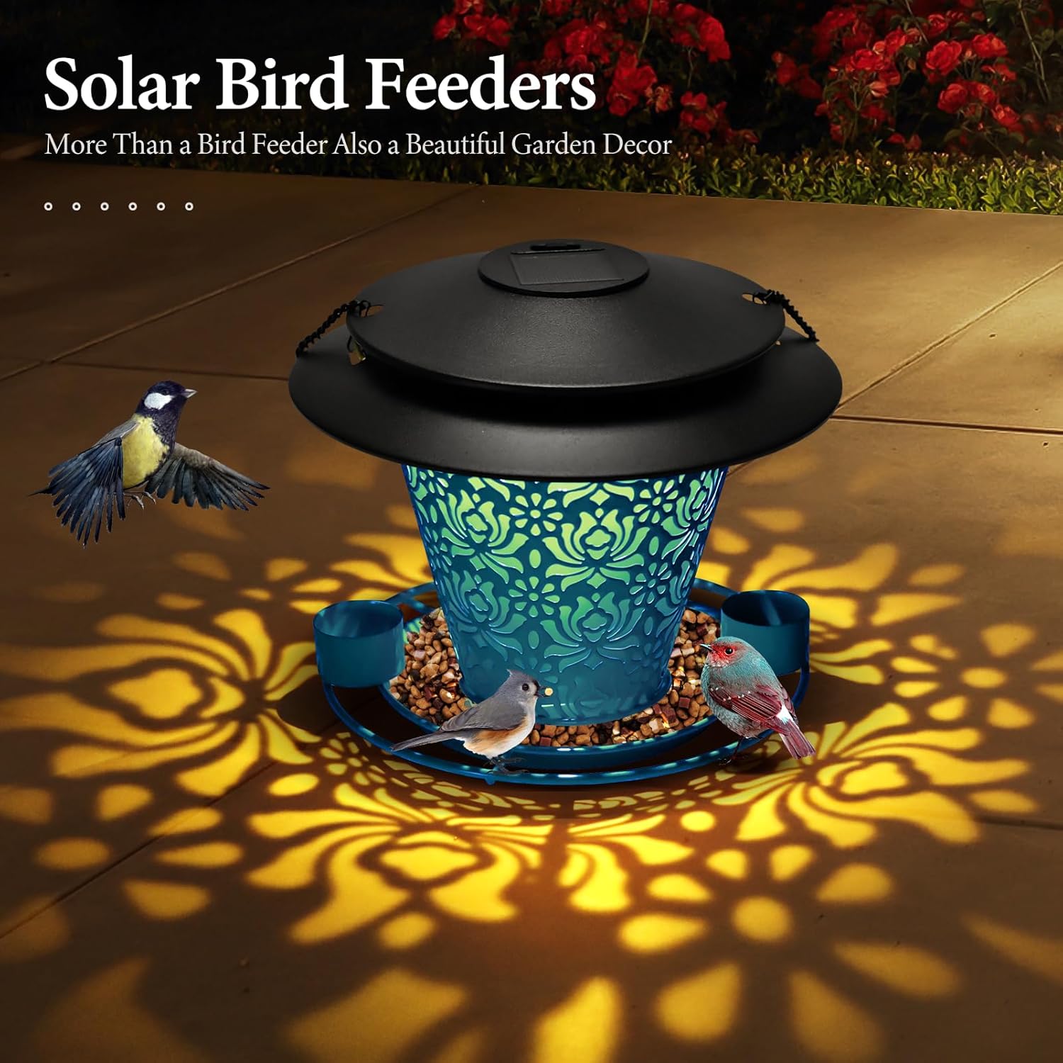 Solar Bird Feeders for Outside Hanging Metal Wild Bird Feeder Solar Lanterns Outdoor Waterproof Garden Decor for Yard Blue