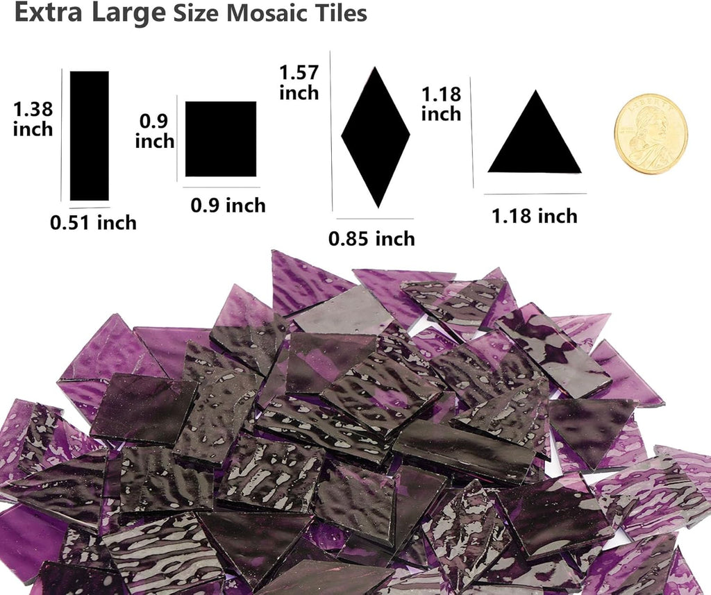 200G Oversize Transparent Glass Mosaic Tiles for Crafts, 4 Shapes Textured Cathedral Stained Glass Mosaic Pieces for Mosaic Art Decor, Violet Purple