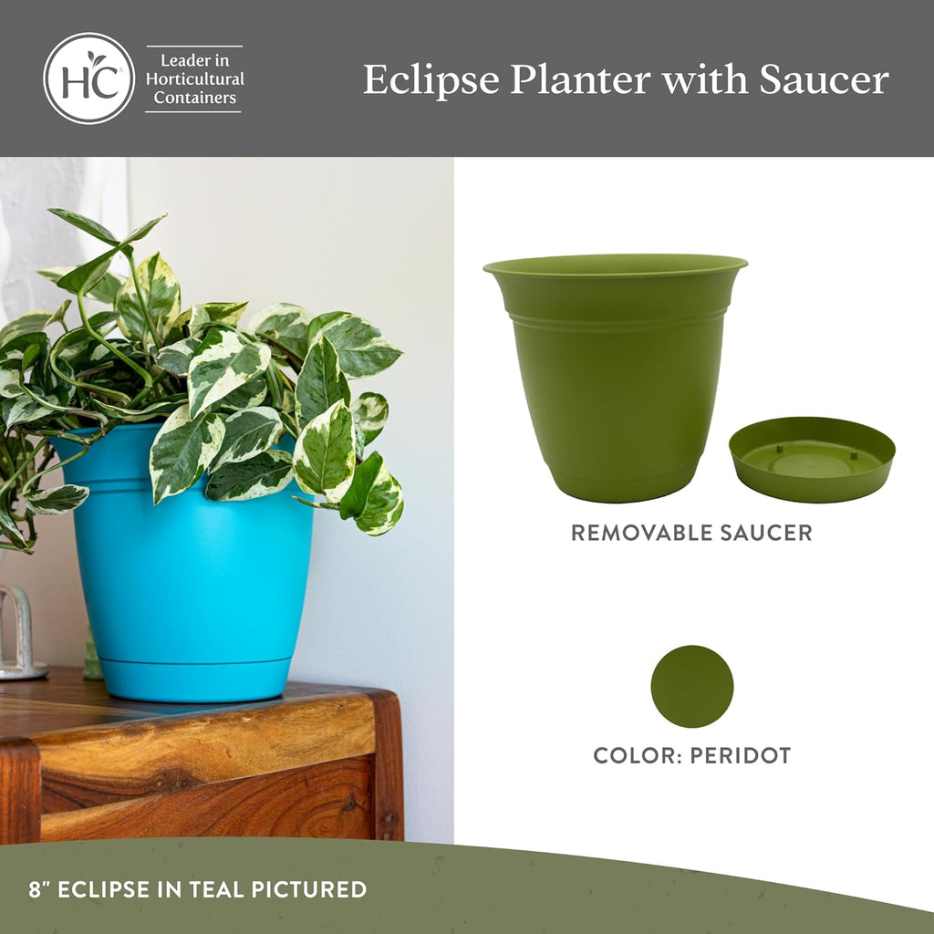 The HC Companies Eclipse Round Planter with Saucer - Outdoor & Indoor Plant Pot with Drainage Holes - Lightweight, UV-Resistant Plastic Pots for Plants, Flowers & Herbs (10" Peridot, Pack of 1)