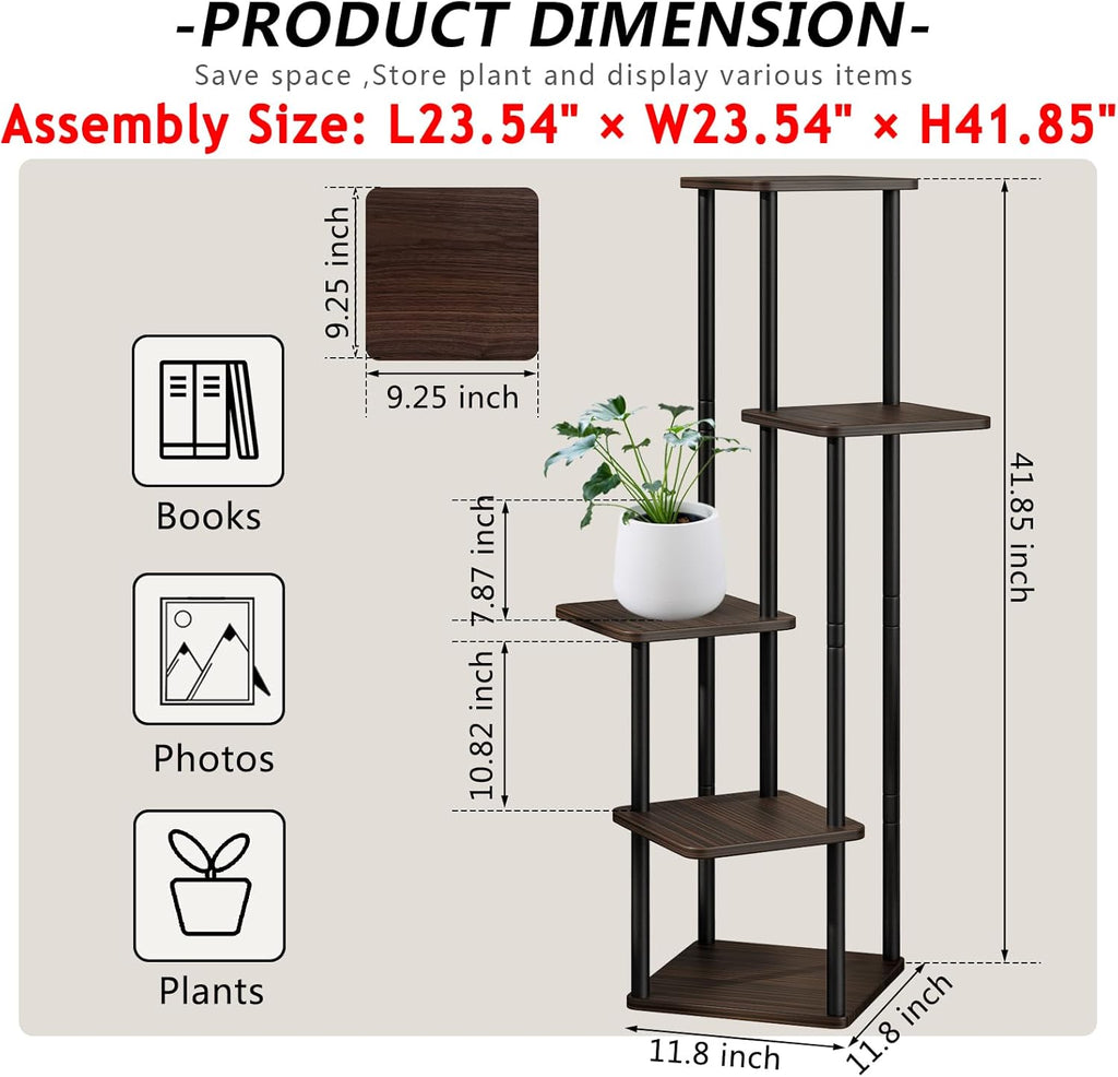 AZERPIAN Plant Stand 5 Tier Indoor Metal Flower Shelf for Multiple Plants Corner Tall Flower Holders for Patio Garden Living Room Balcony Bedroom, Black Oak (5 Tier-Black Oak)