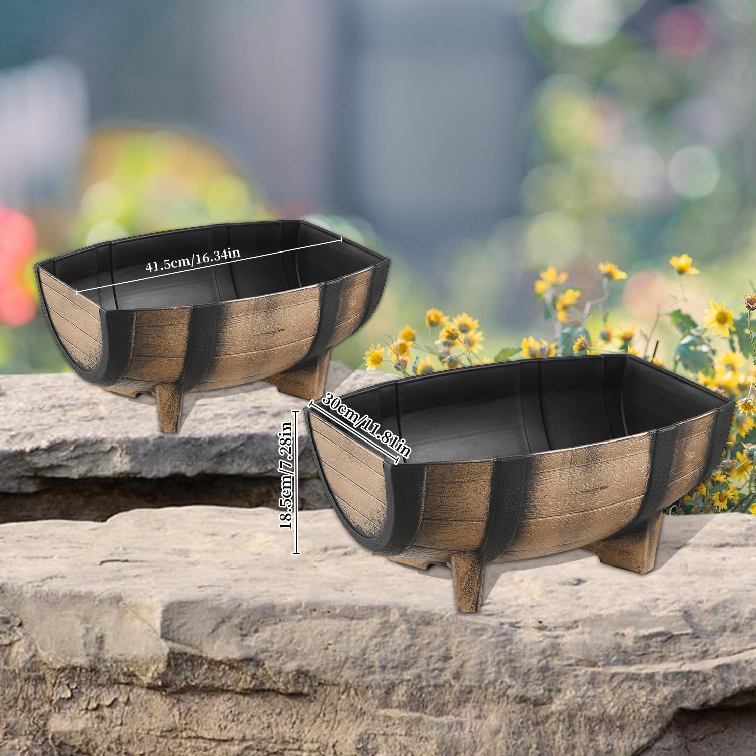 YI 2 Pack Rustic Half Barrel Planters, 16.34x11.81x7.28 Inches Plastic Weather Resistant Plant Flower Pot Indoor & Outdoor Garden Planter