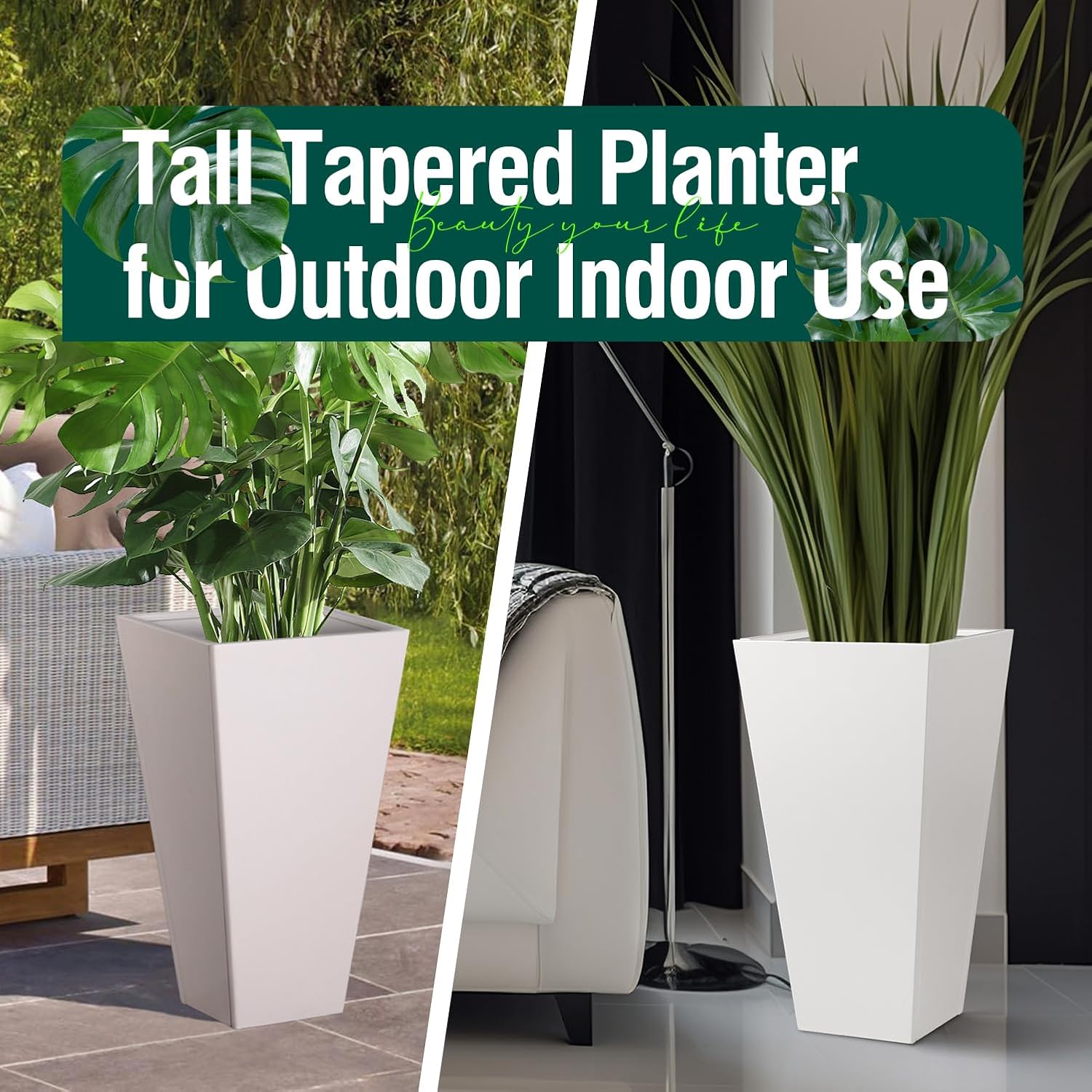 Tall Tapered Planter Front Porch Taper Metal Modern Flower Plant Pot White Square Galvanized Steel Planter 30 in Indoor Outdoor for Garden Patio Grande Plant Tree Commercial Residential Heavy Duty