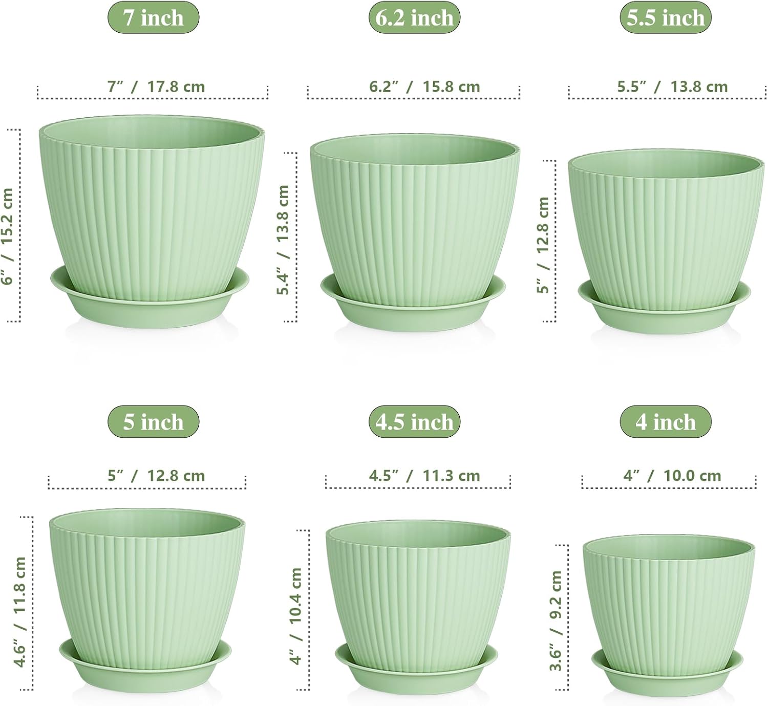 7/6.2/5.5/5/4.5/4 inch Plant Pots, 6 Pack Flower Pots for Small Indoor Outdoor Plants, Plastic Planters with Drainage Holes and Saucers for Garden Succulent House Plants, Green
