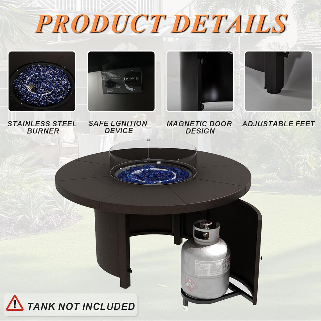 Kurapika Propane Round Fire Pit Table 48in, 40,000 BTU Auto-Ignition Round Gas Fire Pits, CSA Certification, Wider Desktop Round Fire Tables with Windshield, Blue Stone and Lid, for Outside Patio