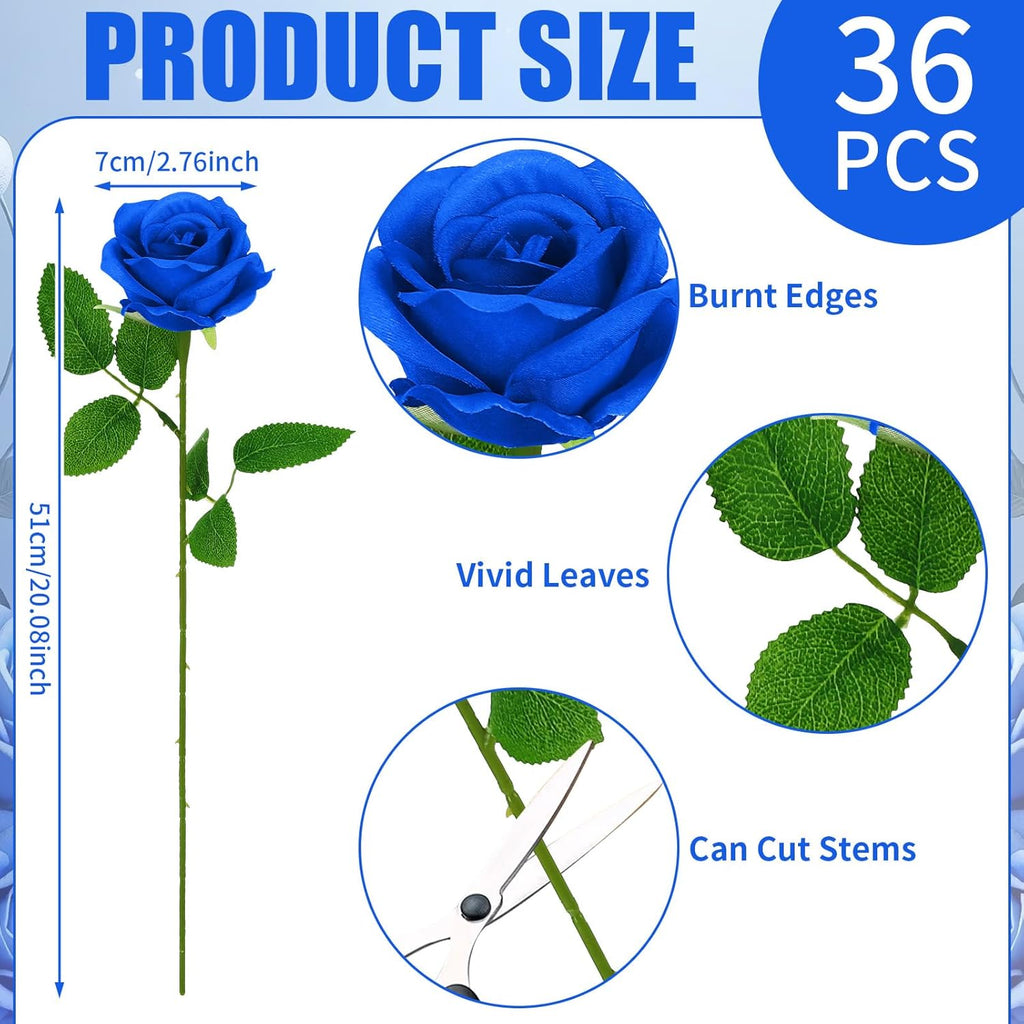 36 Pcs Royal Blue Artificial Roses with Long Stems, Blue Fake Silk Rose Artificial Flowers Bulk for Bridal Wedding Bouquet Centerpiece Ball Arrangement Party Decor