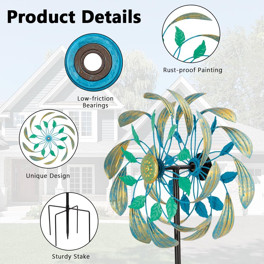 Metal Wind Spinners Outdoor,13'' Dia Green Double Wind Spinner & Sculpture,Waterproof Garden Windmill for Yard Art Decorations