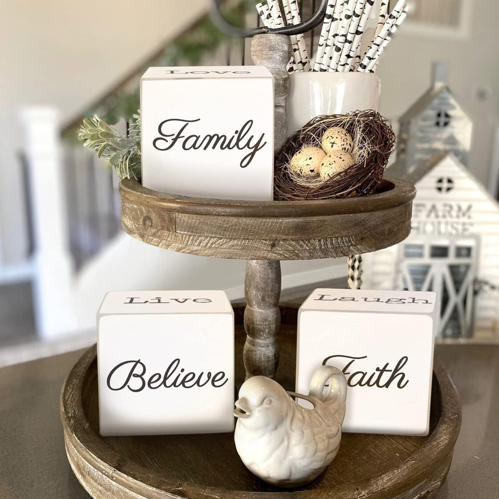 Rustic Home Decor - 4-Sided Wooden Blocks, Home Sweet Home&Thankful Grateful Blessed&Family Believe Faith&Love Live Laugh Sign, Modern Farmhouse Decorations for Shelf Tiered Tray Entryway Coffee Table