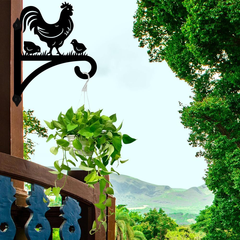 peacoblue Iron Plant Hangers Hooks for Outdoor Indoor Hanging Plants Fern Pots, Lantern, Bird Feeder, Wind Chimes, 12”x14” Rooster Weather Resistant Metal Wall Brackets for Garden, Farmhouse(Rooster)