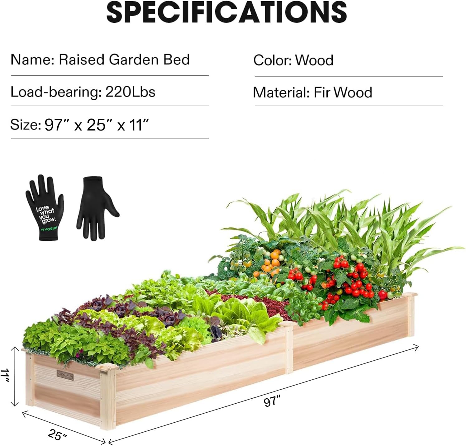 VIVOSUN 8×2Ft Wooden Raised Garden Bed, 97 x 25 x 11 Inches, Outdoor Wood Planter Box with Gloves and a Liner for Garden, Patio, Balcony, Backyard and Outdoors