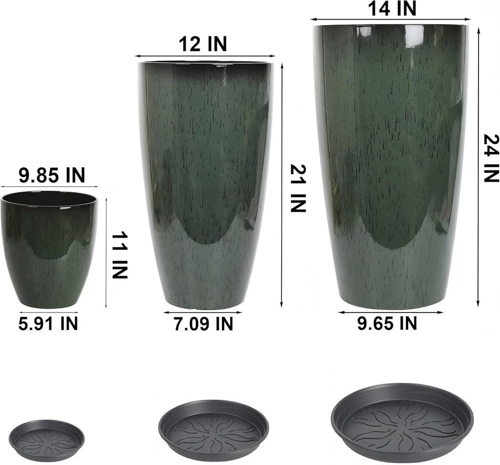 24,21,11 Inch Large Plastic Planters with Drainage Hole and Saucer - Set of 3 Tall Plant Pots Indoor Flower Pot Tall Round Planters Outdoor Large Tall Planter