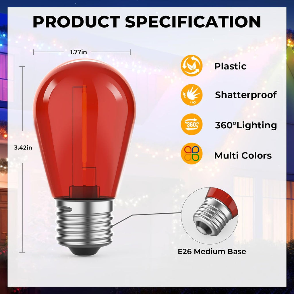 15 Pack S14 Colored LED String Light Bulbs, 1W Plastic Shatterproof Replacement Bulbs for Outdoor Patio Backyard Lights, E26 Medium Base, Dimmable, Warm White 2200K, Red/Green