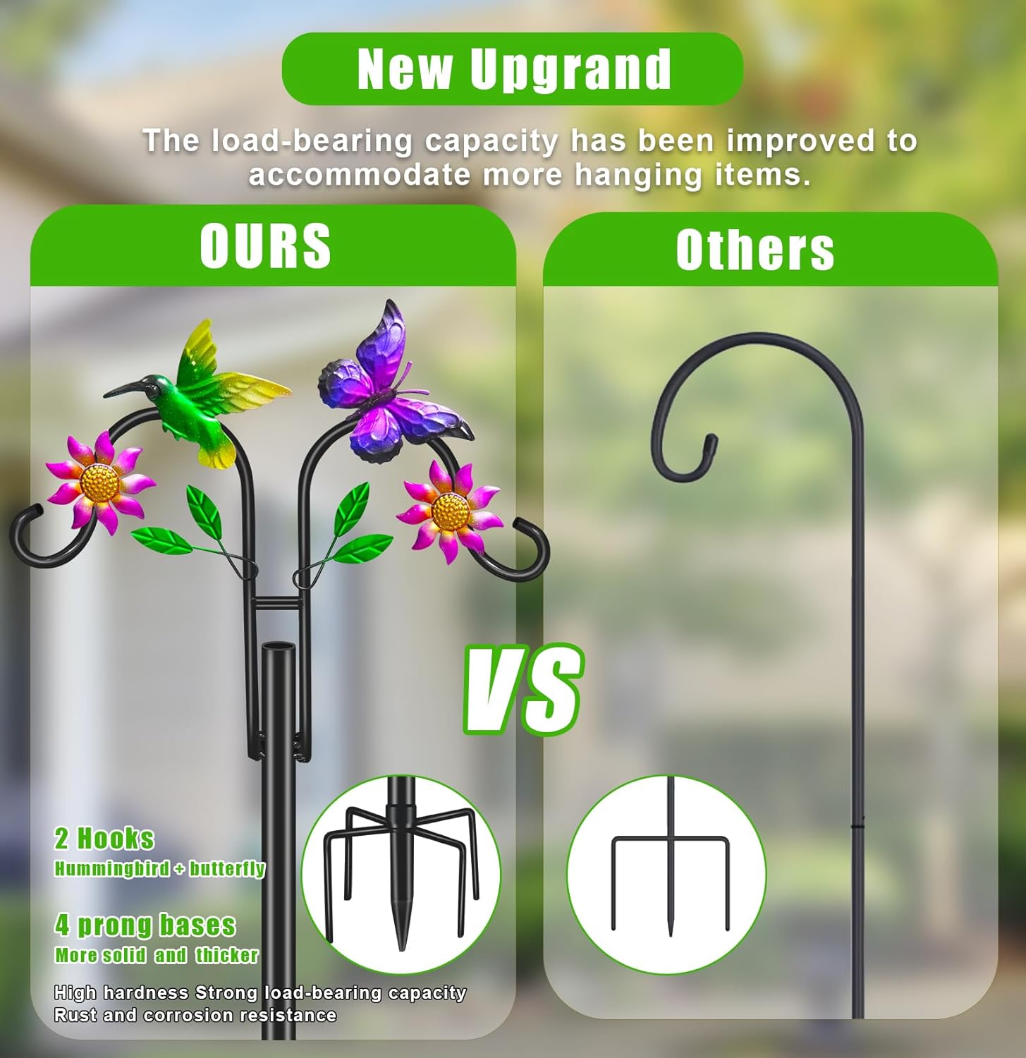 Double Shepherds Hooks for Outdoor, Artistic Hummingbird & Flower Design, 5 - Prong Base, Ideal for Bird Feeders, Baskets & Lanterns (1 Pack)