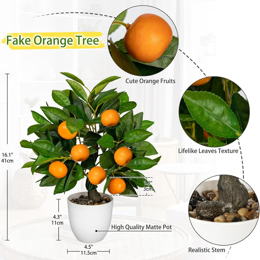 Artificial Potted Plants 16.1 inches Fake Orange Tree Artificial Citrus Fruit Plant with White Pot Faux Plants Indoor for Home,Office, Living Room Table, Desk