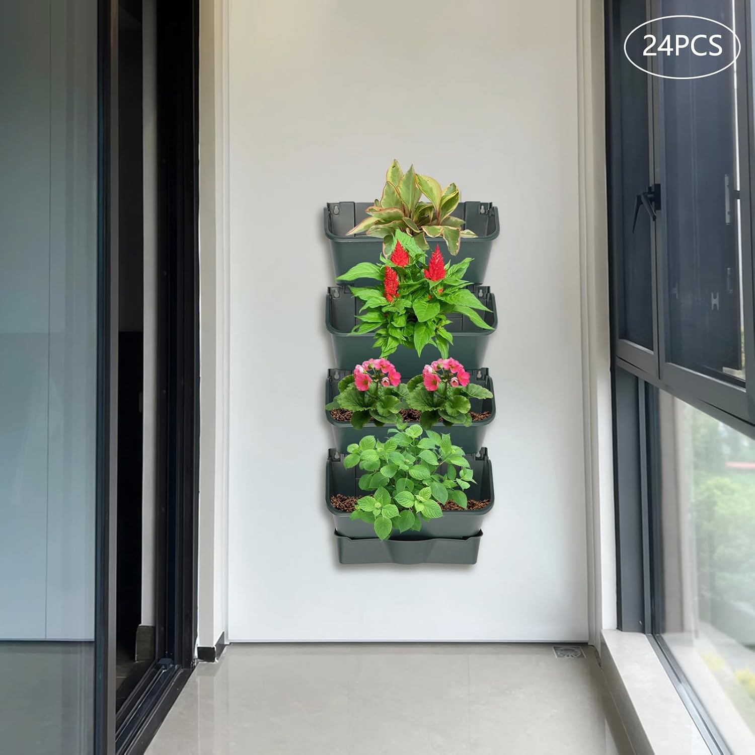 24Pack Vertical Wall Garden Planter, 13 inch Wall-mounted Garden Planters, Stackable Hanging Planter, Plastic Flower Pot with 4 Drainage Tray & 6.56FT Drainage Pipe for Indoor and Outdoor (Green)