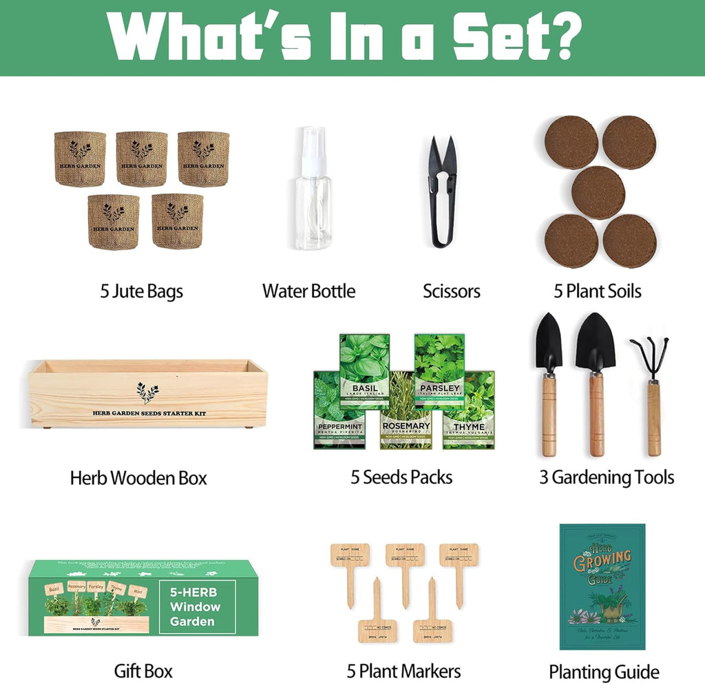 Indoor Herb Garden Starter Kit, 5 Seeds Growing into Basil, Parsley, Rosemary, Thyme, Mint, Including A Wooden Box, Soil Discs & Planters with A Gift Box, Ideal Christmas Gifts for Women