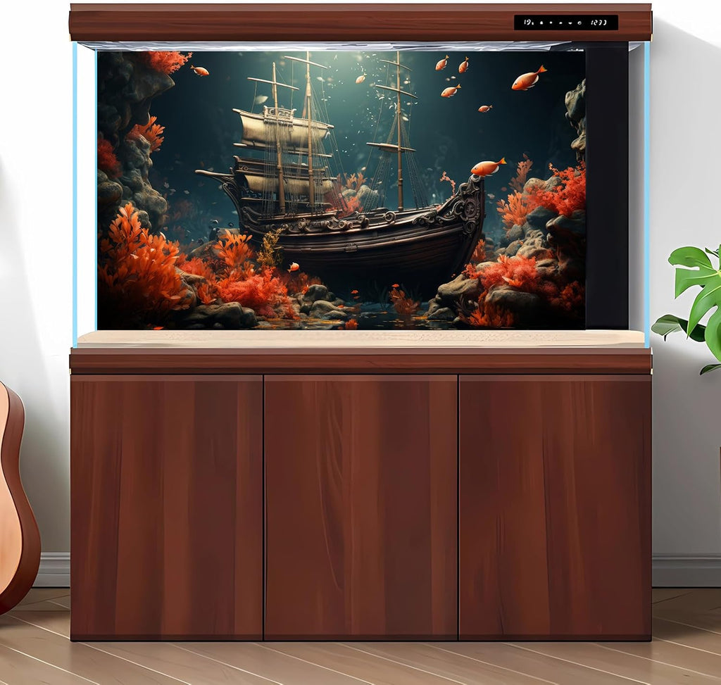 Pirate Shipwreck Aquarium Background Under The Sea Coral Reefs Fish Tank Background Underwater Sunken Ship Landscape Terrarium Background Tropical Sea Marine Life Aquarium Tank Background 48x20in