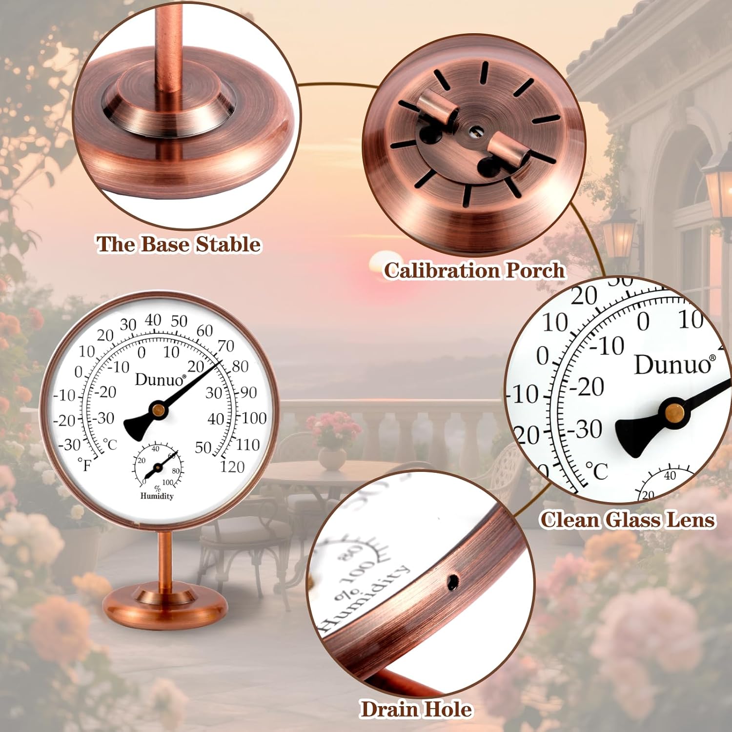 4-inch Outdoor Thermometer Hygrometer, Indoor Humidity Meter, Temperature Monitor Gauge for Home, Room, Office, Patio, House, Greenhouse, Antique Copper,Tabletop Decor.