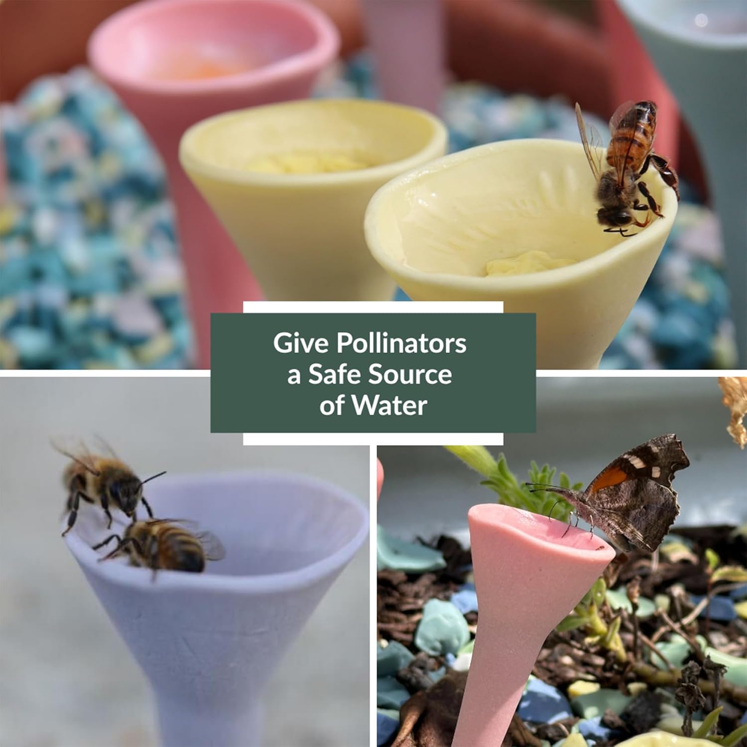 5 Pack, Bee Watering Station, 100% Handmade Porcelain, Bee and Butterfly Feeder for Garden, Outdoor Feeder for Thirsty Pollinators, Plastic Free, Bee Attracting Glaze (5, Bees Knees Yellow)