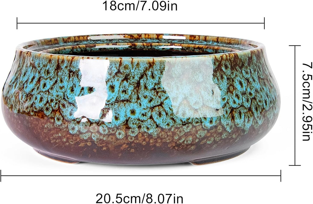 ARTKETTY Succulent Pots - 8 Inch Plant Pot, Large Bonsai Pots with Drainage, Ceramic Planters for Indoor Outdoor Plants, Round Shallow Cactus Flower Plant Container Bowl Decorative Home Garden