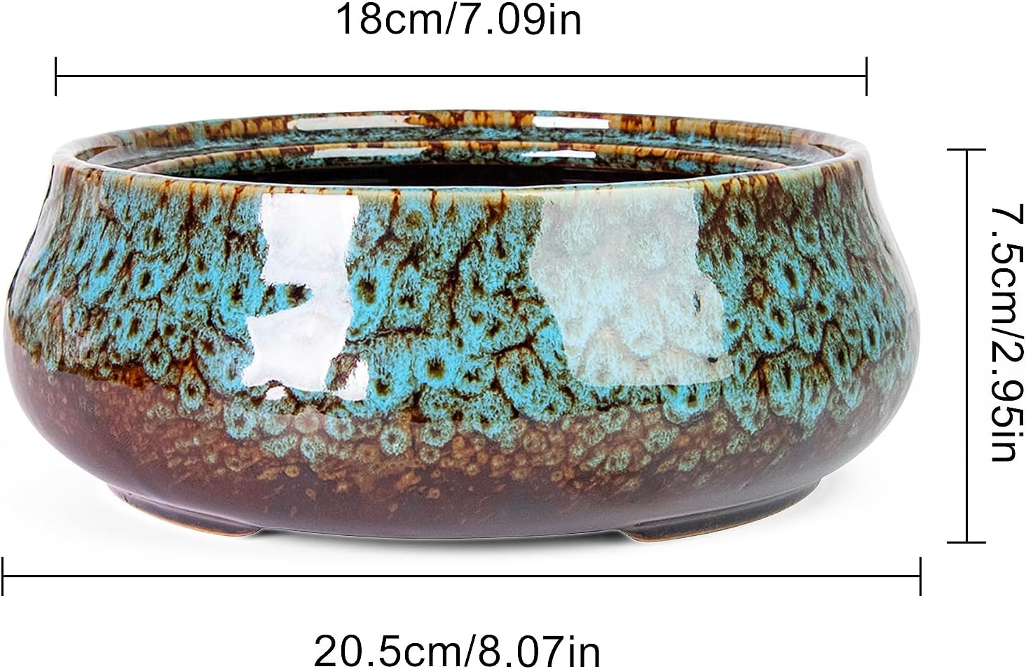 ARTKETTY Succulent Pots - 8 Inch Plant Pot, Large Bonsai Pots with Drainage, Ceramic Planters for Indoor Outdoor Plants, Round Shallow Cactus Flower Plant Container Bowl Decorative Home Garden