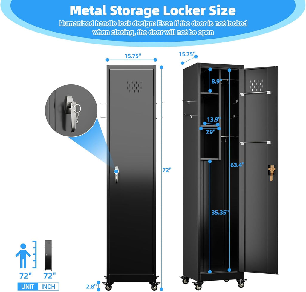 15.75 in Wide Garage Storage Cabinet, Metal Storage Cabinet with Wheels and 2 Adjustable Shelves for Home Offices, Gyms and Pantries, Black