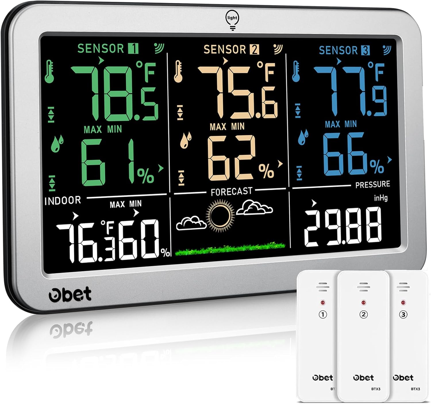 Weather Stations with 3 Sensors Indoor Outdoor Thermometer Wireless Large Display Adjustable Backlight with 500 feet Range Silver