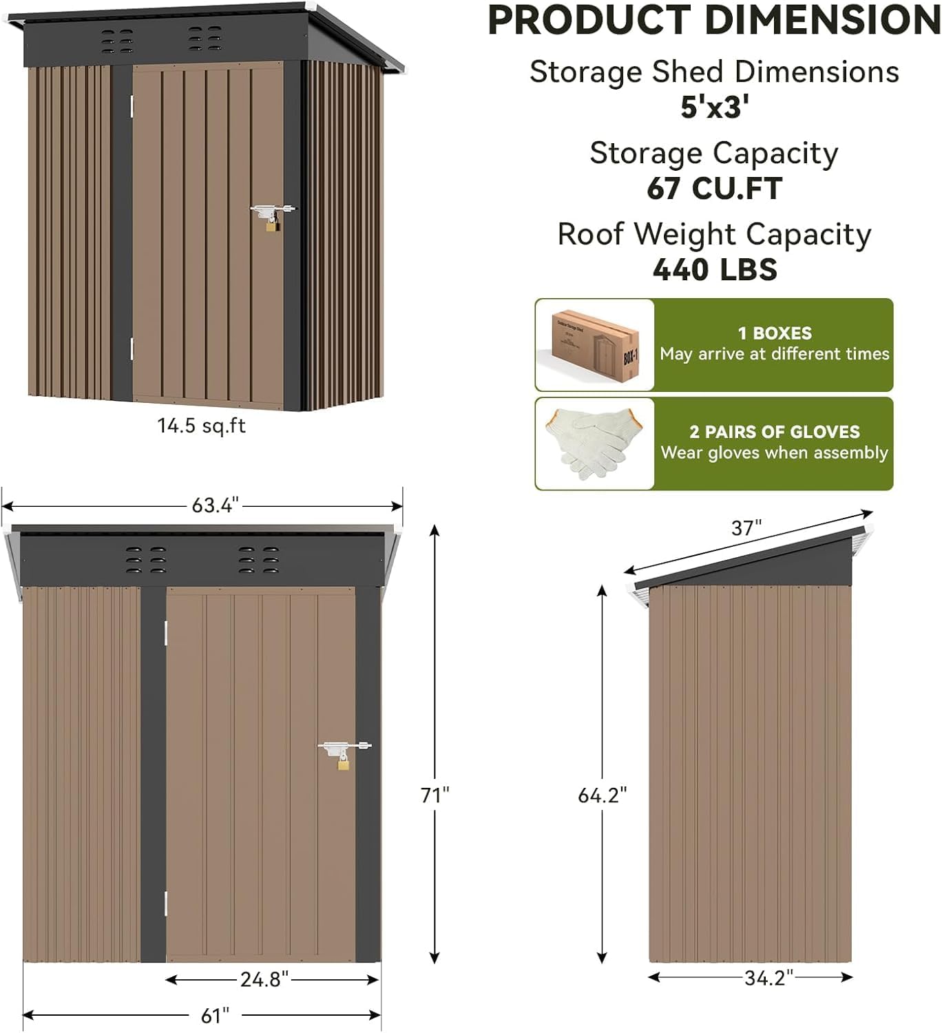 COMHOMA Shed Outdoor Storage Shed Metal,Lockable Doors Tool Sheds with Sloping Roof,Steel Garden Shed with Air Vent for Backyard,Patio,Lawn,Poolside (Brown, 5'*3')