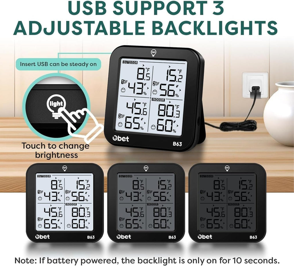 OBET Indoor Outdoor Thermometer Wireless with 3 Sensors Weather Station Temperature Humidity Monitor 500ft Range and Adjustable Backlight and Min Max Data Black