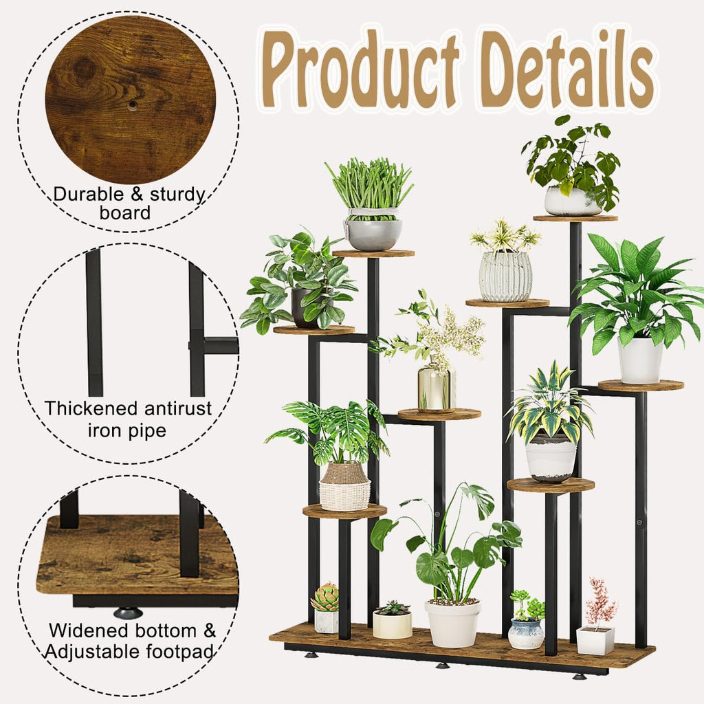 Plant Stand Indoor 9 Tier 11 Potted Multiple Flower Pot Holder for Patio Garden Balcony Living Room Corner (9 Tier Black+Rustic Brown)
