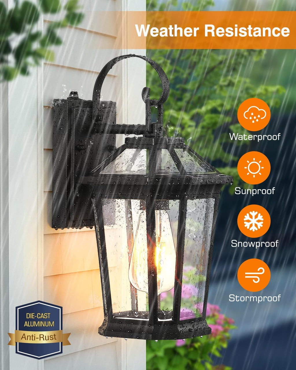 VIANIS Dusk to Dawn Outdoor Wall Lighting, Exterior Light Fixture Wall Mount for House Front Porch Light, Black Anti-Rust Aluminium Modern Outside Coach Lantern with Tempered Glass Shade for Garage