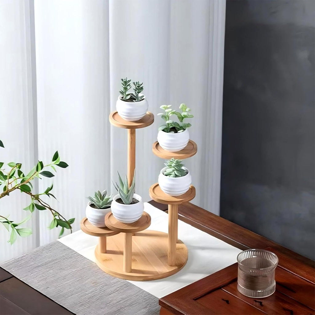 5 Tiered Desk Plant Stand Round Bamboo Plant Shelf Tabletop Succulent Herb Stand Desktop Plant Stand Indoor Plant Rack for in Living Room Office Decoration - Small