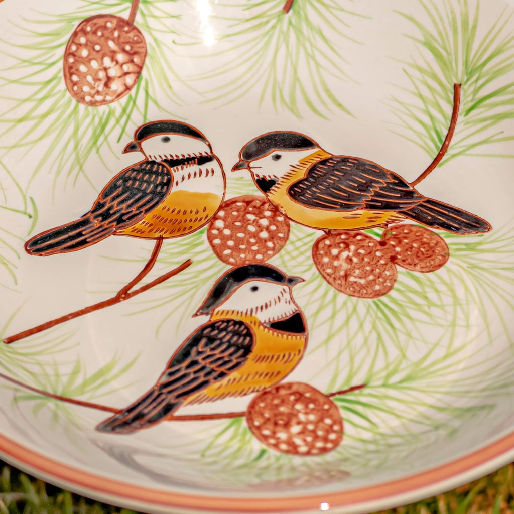Zaer Ltd. Porcelain Birdbath with Hand Painted Details (15" Tall, Finch Birds & Pine Tree)