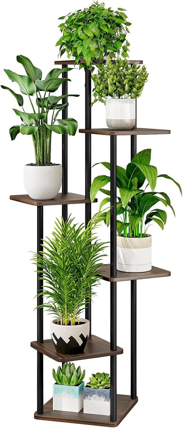 AZERPIAN Plant Stand 6 Tier Indoor Metal Flower Shelf for Multiple Plants Corner Tall Flower Holders for Patio Garden Living Room Balcony Bedroom, Black Oak