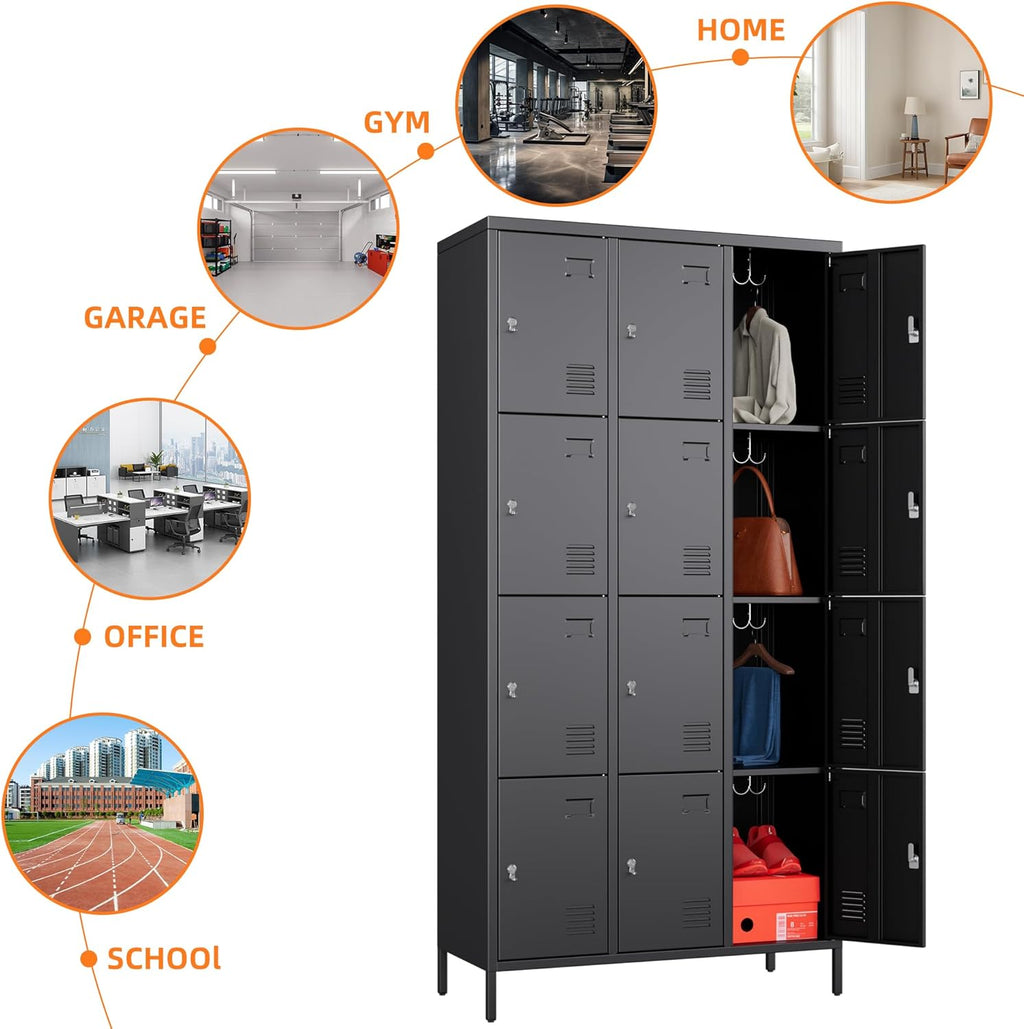 12 Doors Metal Lockers for Employees with 12 Hooks, Storage Locker with Business Card Holder for Office Gym School Bedroom, Assembly Required, Black