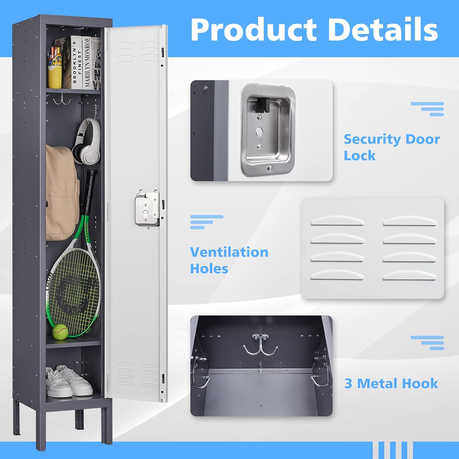 Letaya Locker,1 Door Employees Storage Metal Lockers 66" Lockable Steel Cabinet for School Gym Home Office Staff (1 Door)