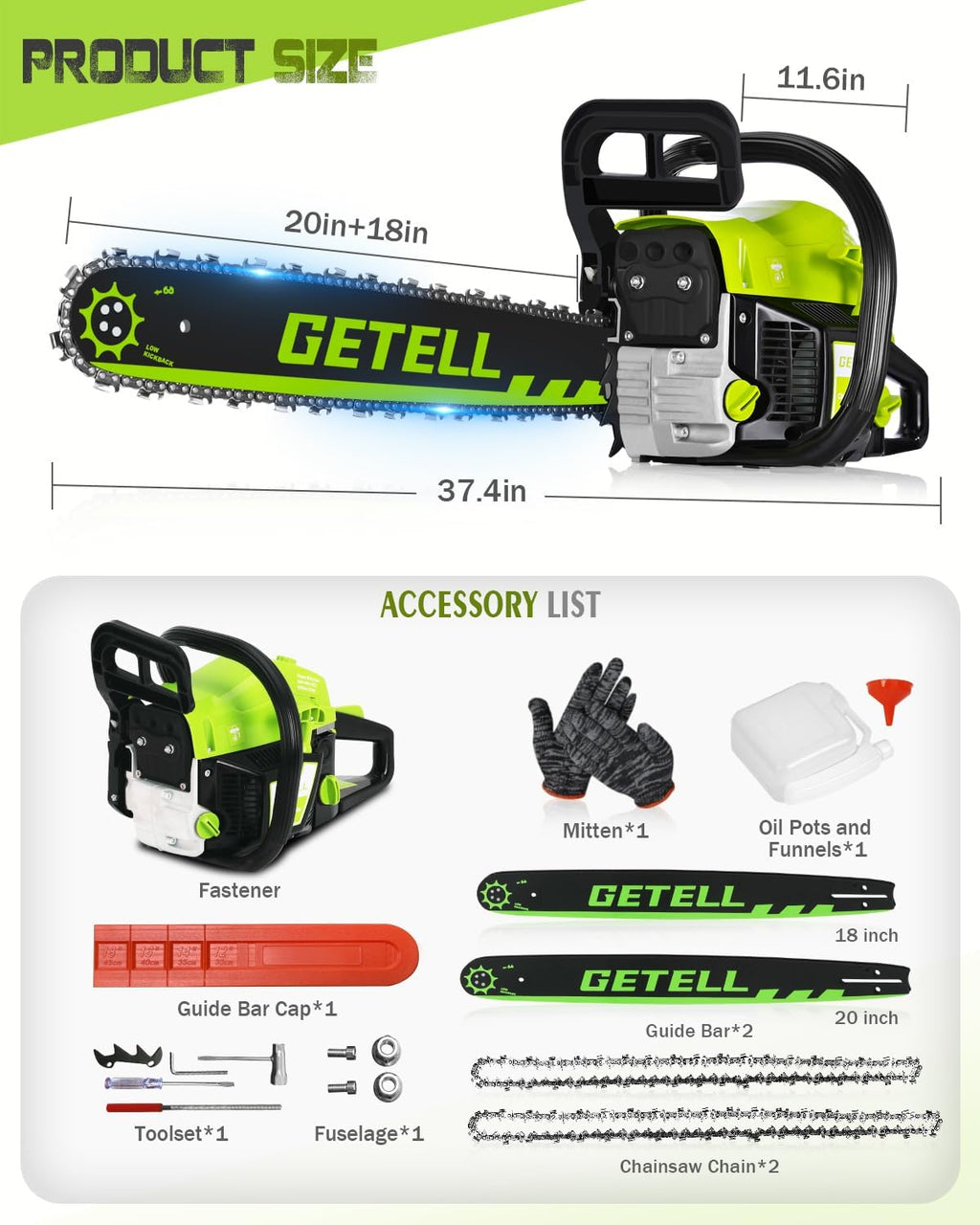 Professional 58cc Gas Powered Chainsaw with Quick-Switch Dual Bar 18/20 Inch System – Heavy Duty Chain Saw with Easy-Start for Tree Cutting, Limbing & Farm Use (GEL9901)