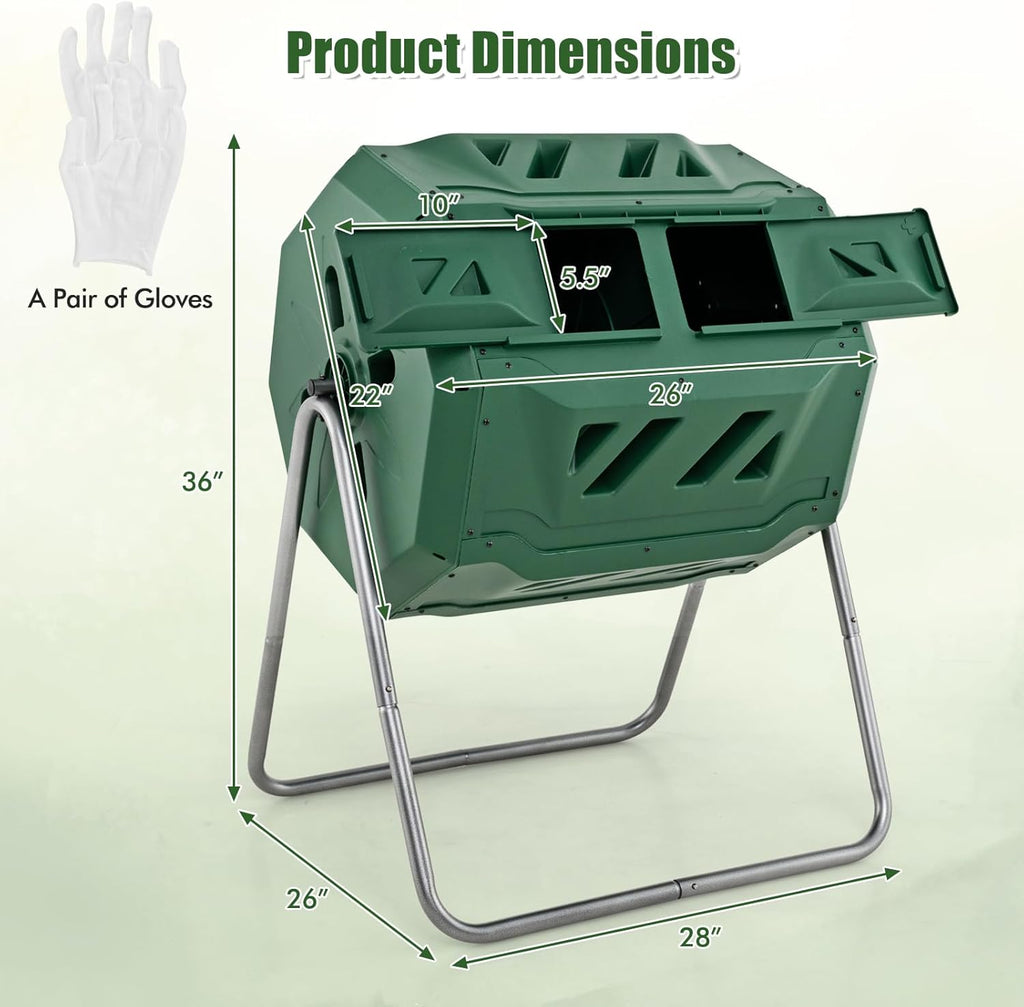 Goplus Compost Tumbler, 43 Gallon Rotating Compost Bin Barrel, Dual Chamber Tumbling Composter with Sliding Door, Gloves, Aeration System for Outdoor, Garden, Yard