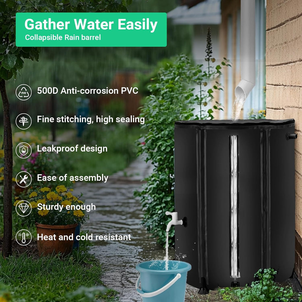 50 Gallon / 200L Rain Barrel, Collapsible Rain Barrels to Collect Rainwater from Gutter with Spigots and Overflow, 500D PVC Portable Rain Water Collection Catching System, Water Catcher Tank