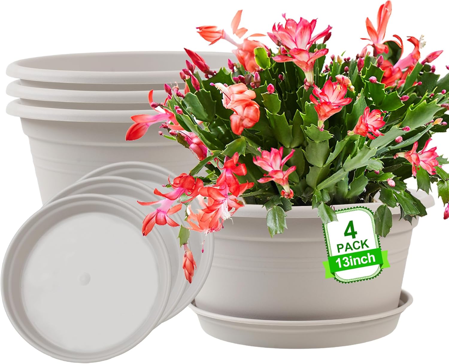 Large 4 Pack 13 inch Plant Pots, Round Plastic Pots for Plants, Outdoor Planters with Drainage Hole & Tray Saucer, Decoration Large Flower Pots for Indoor Outdoor Garden Home Plants (Beige)