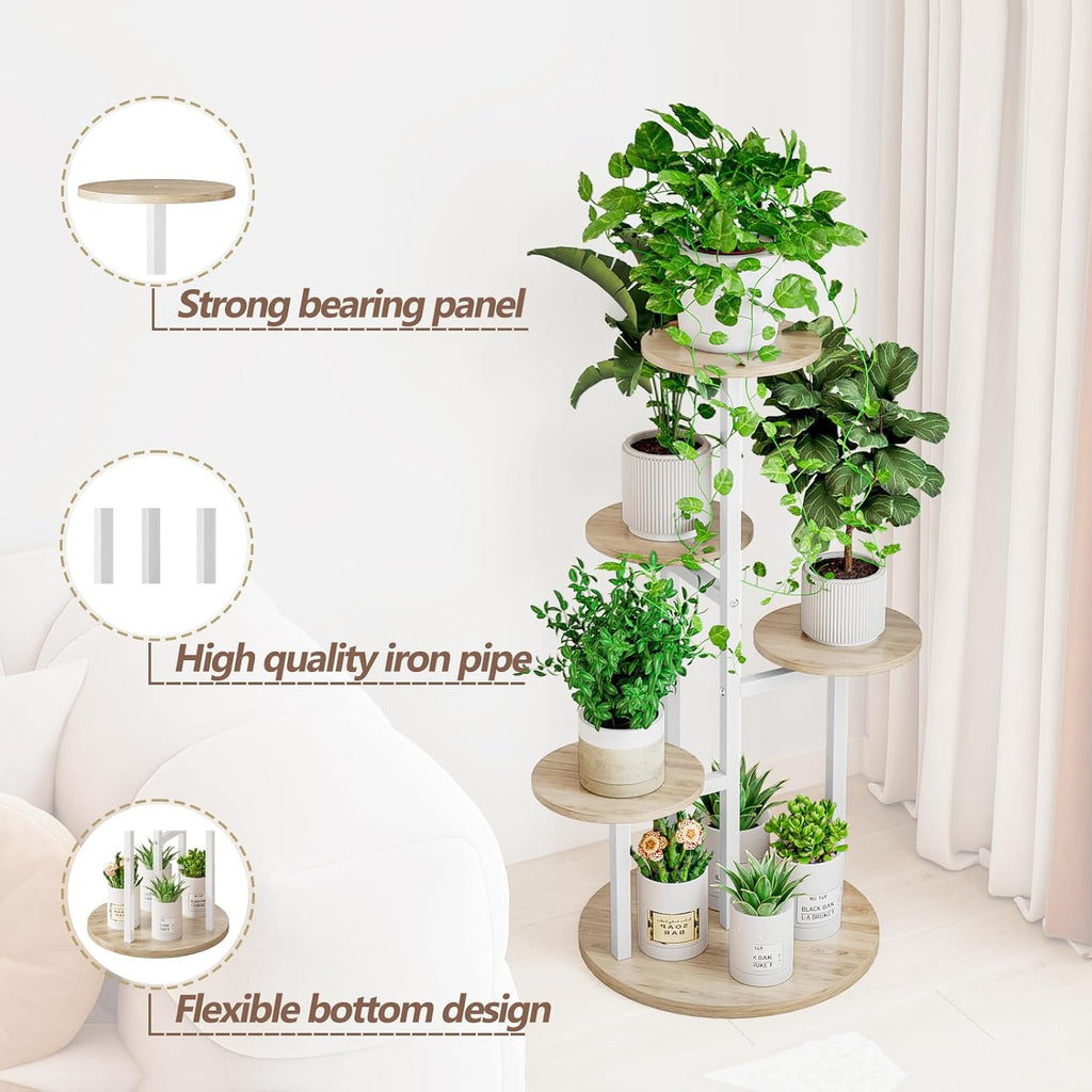 Plant Stand Indoor 5 Tier 8 Potted Multiple Flower Pot Holder for Patio Garden Balcony Living Room Corner (5 Tier White+Sonoma Oak)