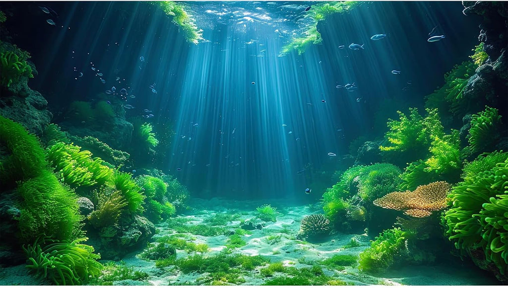 Aquarium Background Aquatic Plants Soft Algae Terrarium Backdrop Underwater World Fish Rock with Moss Sunlight Rays Fish Tank Background Aquarium Wallpaper Poster Decor Vinyl 24x16in