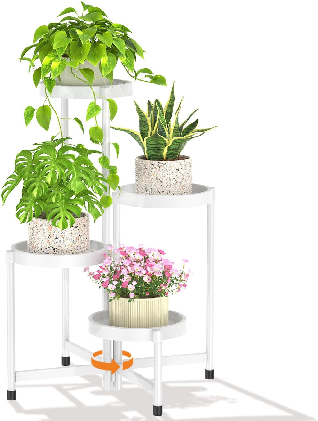 LASZOLA 4 Tiered Folding Plant Stand Indoor for Multiple Large Planter, Tall Heavy Duty Adjustable Rack with Rust Proof Plastic Shelving, Sturdy Vertical Tree Organizer for Narrow Inside Floor, White