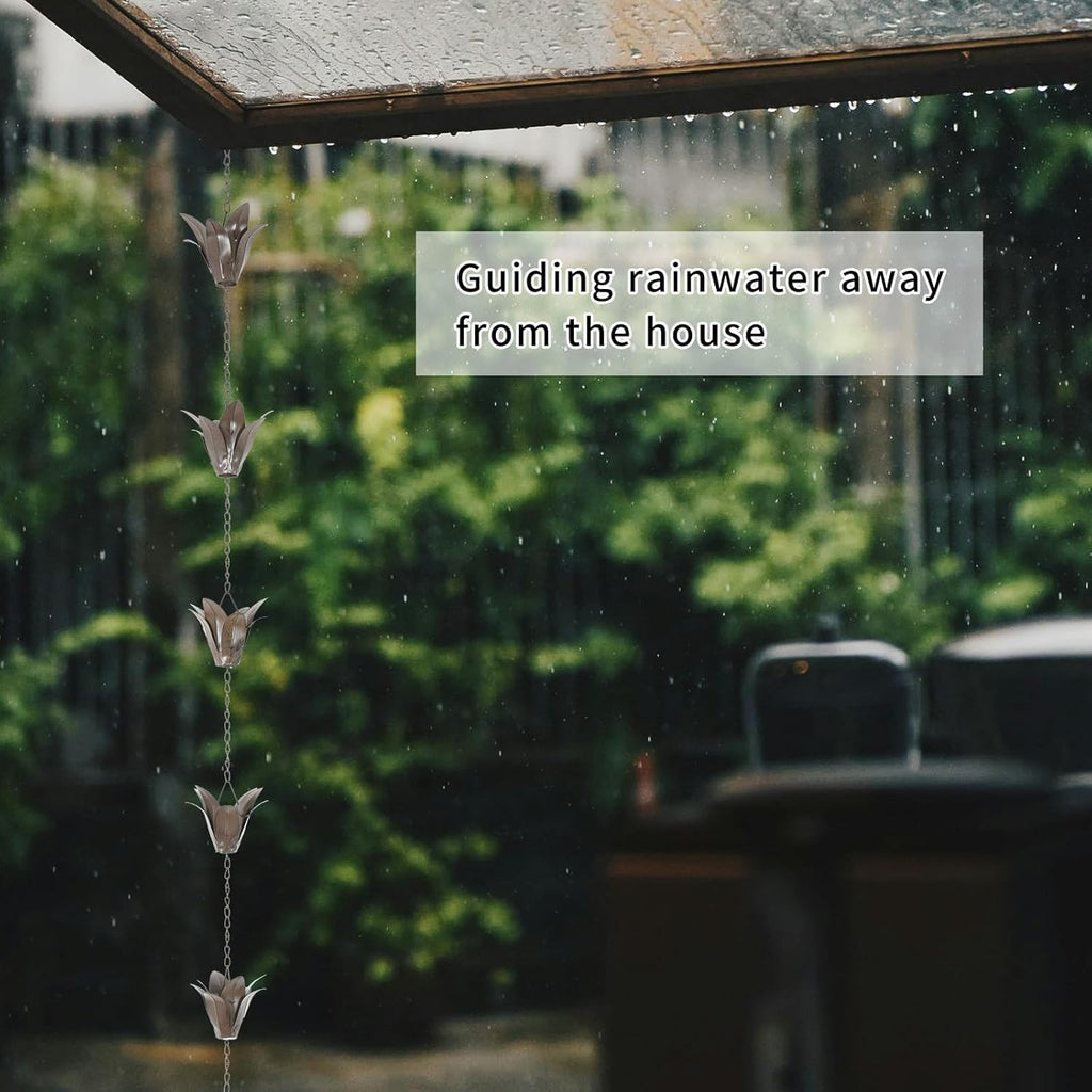 DUSVALLY Rain Chain, 7.88 FT Metal Flower Rain Chain, Functional and Decorative Replacement for Gutter Downspouts, Adjustable, Antique Silver