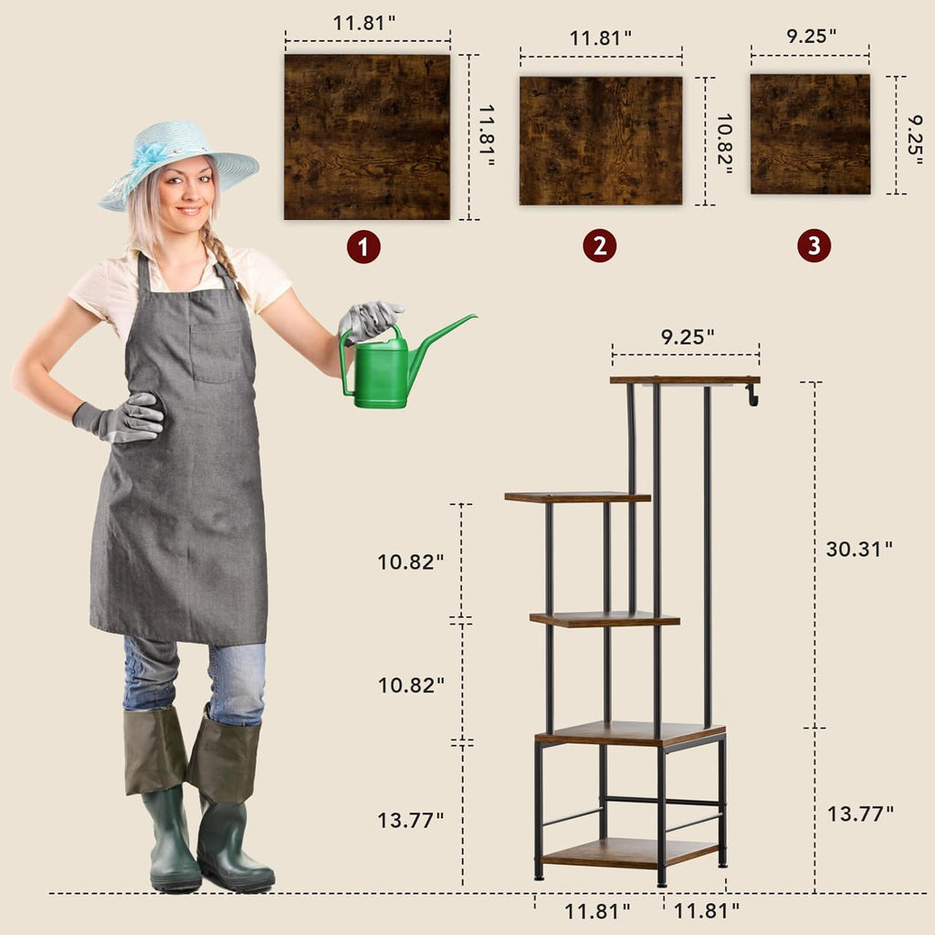 Plant Stand Indoor with Grow Light, 5-Tiered Tall Plant Stand Indoor, Metal Plant Shelf with Hanging Basket Hook and Adjustable Light, Ideal for Living Room, Garden, Patio (Black Brown)