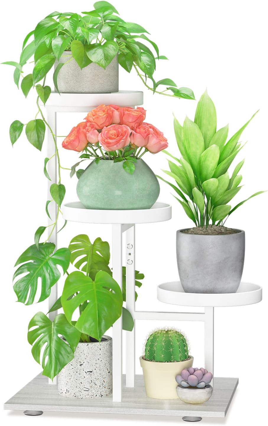 LASZOLA White 3 Tier Plant Stand Indoor Heavy Duty Rack for Modern House Planter, Metal and Wooden Vertical Organizer Decor Narrow Bathroom Floor, Sturdy Multi Level Flower Holder Raised, Cat Proof