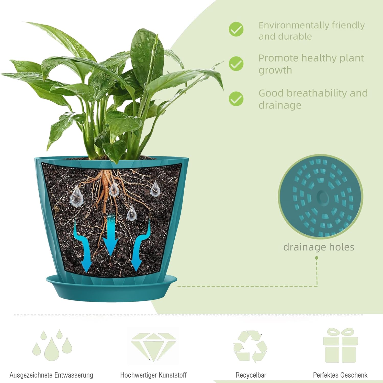 7 Inch Plant Pots 5 Pack, Flower Planters with Drainage Holes and Trays,Plastic Pots for Indoor Outdoor Plants,Green