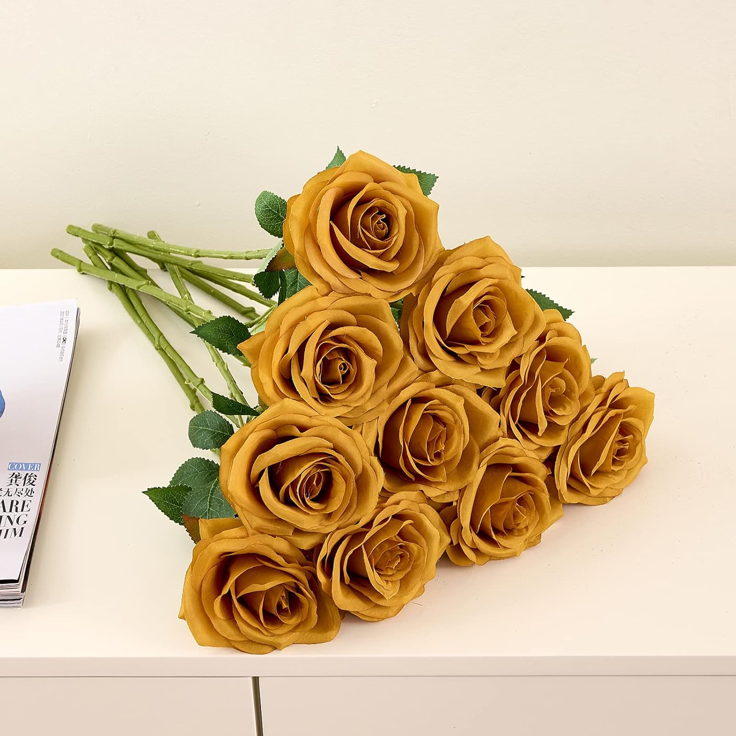 Artificial Rose 10pcs Open Flower Bouquet Faux Rose Stems for Wedding Arrangement, Bridal Bouquet, Centerpiece, Fake Faux Silk Flowers (Mustard Yellow)