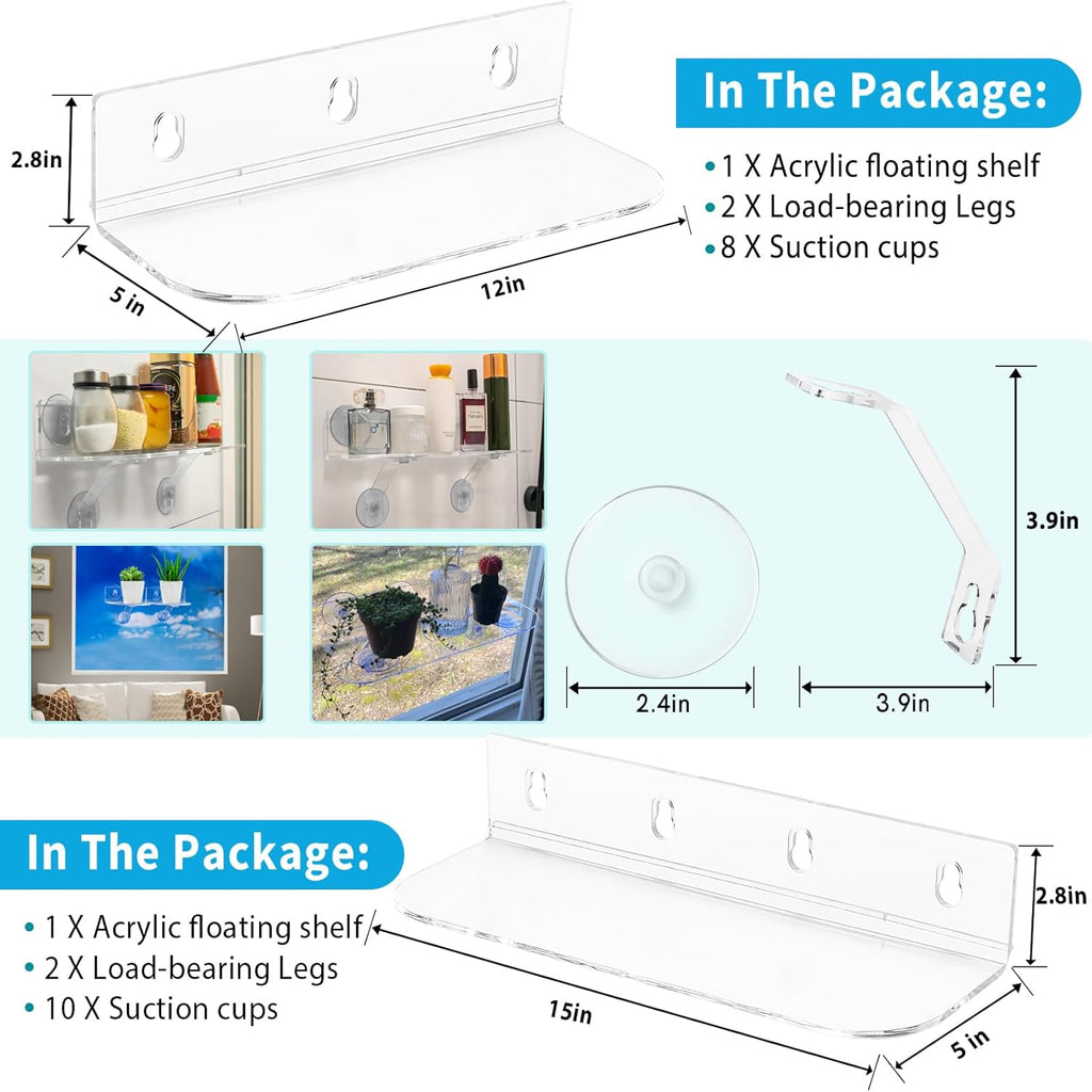 12-Inch Window Boxes Sill Planter Suction Cup Holder, 5-Inch Extra Wide Window Sill Extender, with Load Bearing Bracket for Herbs, Succulents, Clear Acrylic Indoor Plant Stand